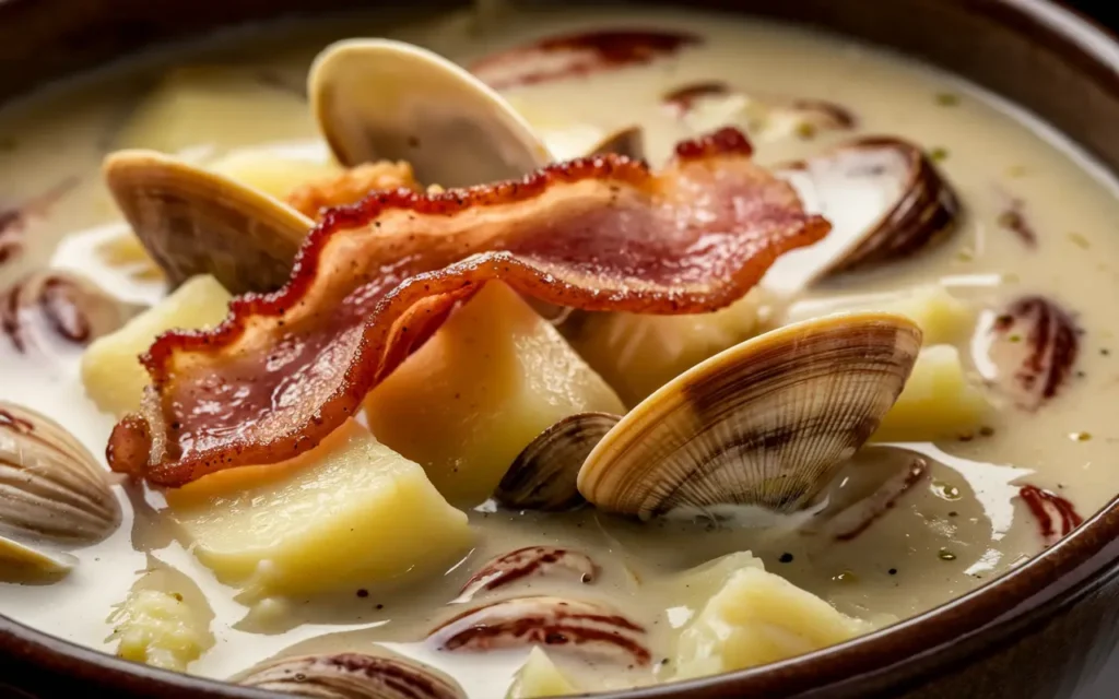 Creamy Grandma’s Clam Chowder with tender clams, hearty potatoes, and crispy beef bacon, a rich and comforting seafood classic.