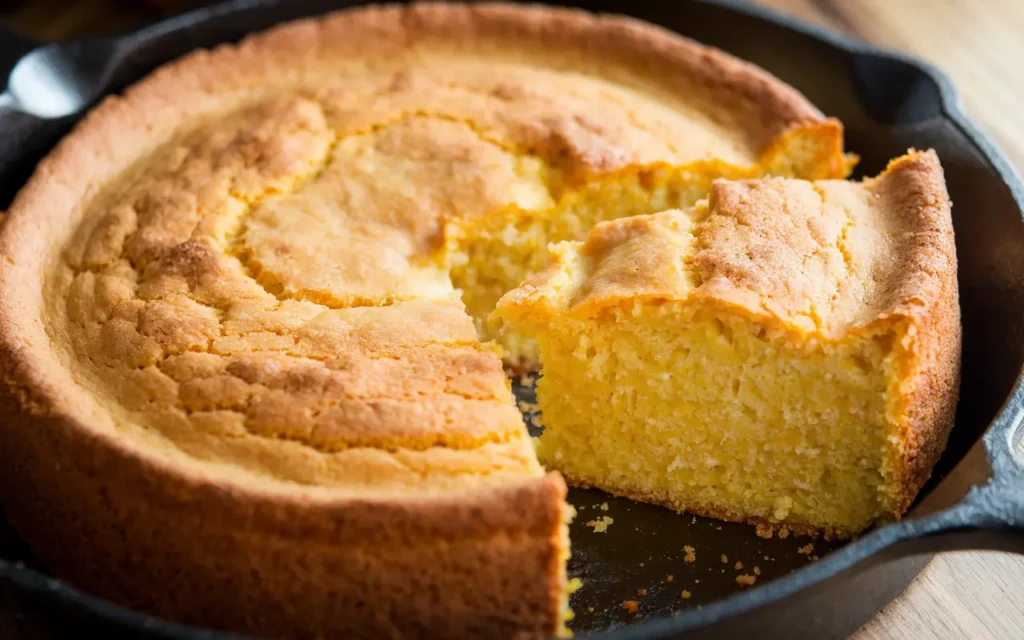 Grandma’s Cornbread in a cast-iron skillet, golden brown with a crispy crust and a fluffy interior.