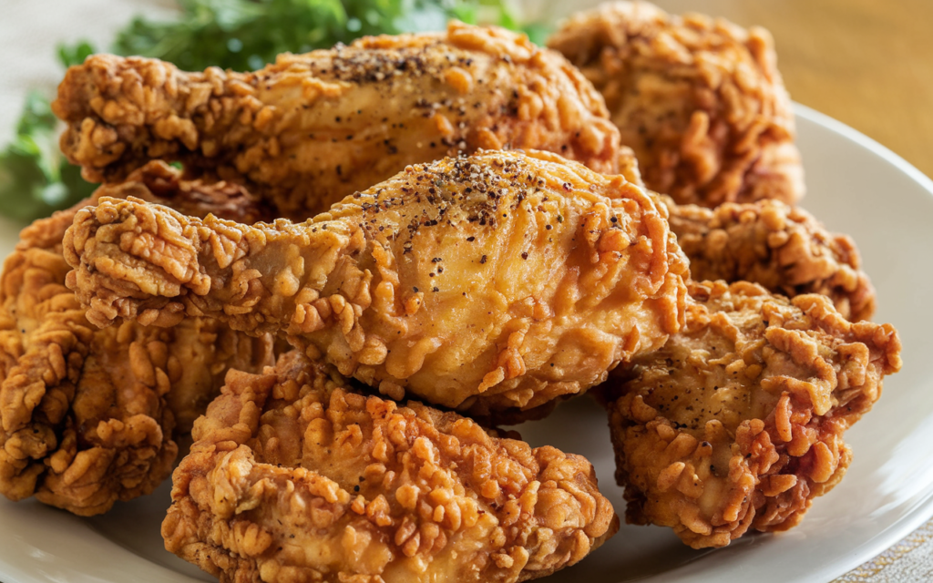 A plate of crispy golden-brown fried chicken, perfectly cooked with a crunchy coating.
