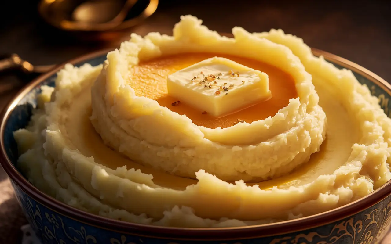 A bowl of Grandma’s Mashed Potatoes with a pat of butter melting on top, showcasing its smooth and fluffy texture.