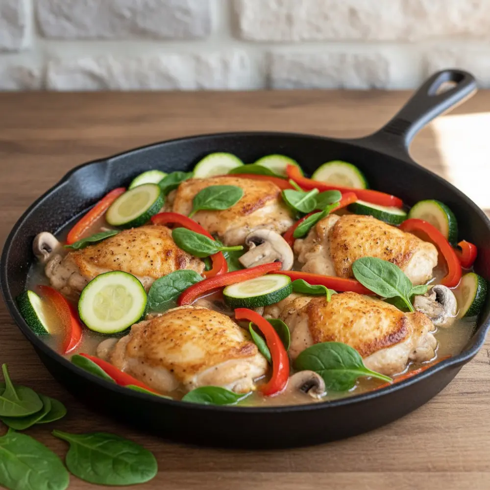 Seared chicken thighs in a skillet with zucchini, red bell peppers, mushrooms, and fresh spinach in a light broth.