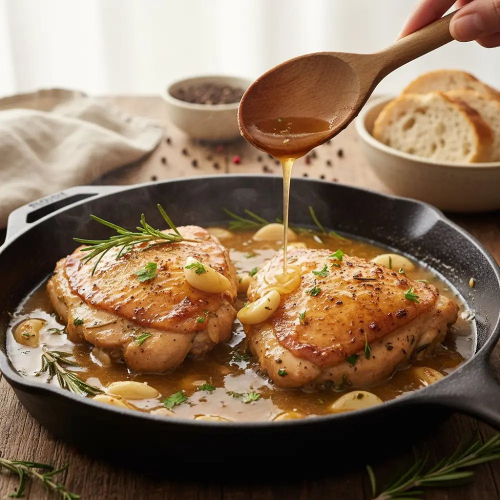 Chicken in a skillet while broth is being spooned over the pieces with garlic and herbs visible.