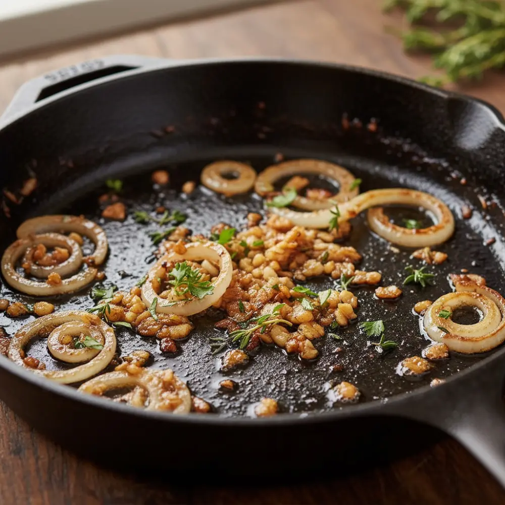 Garlic and onion rings sautéing in a cast iron skillet with browned bits and fresh herbs.