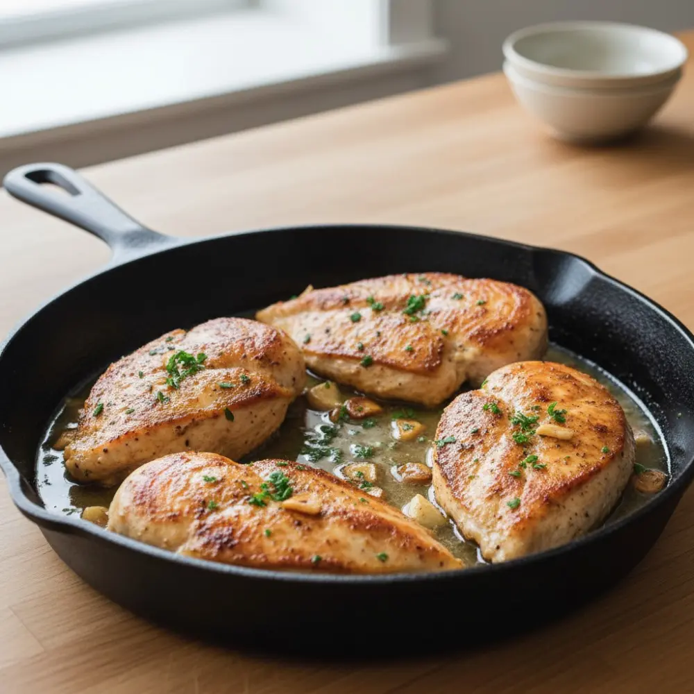 Golden seared chicken breasts simmering in a light broth with garlic cloves and parsley in a cast iron skillet.