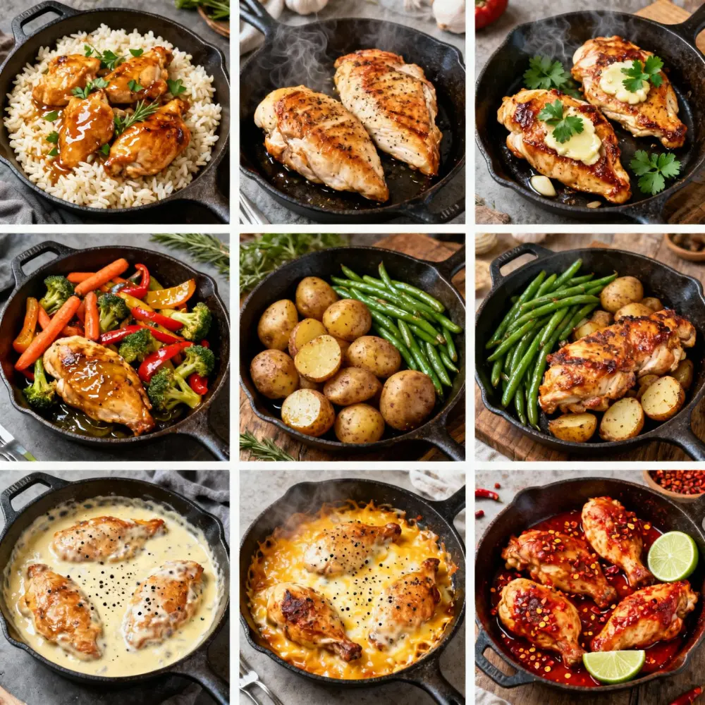 Collage of seven one pan chicken variations cooked in cast iron skillets, including rice, vegetables, potatoes, creamy sauce, and spicy glaze.