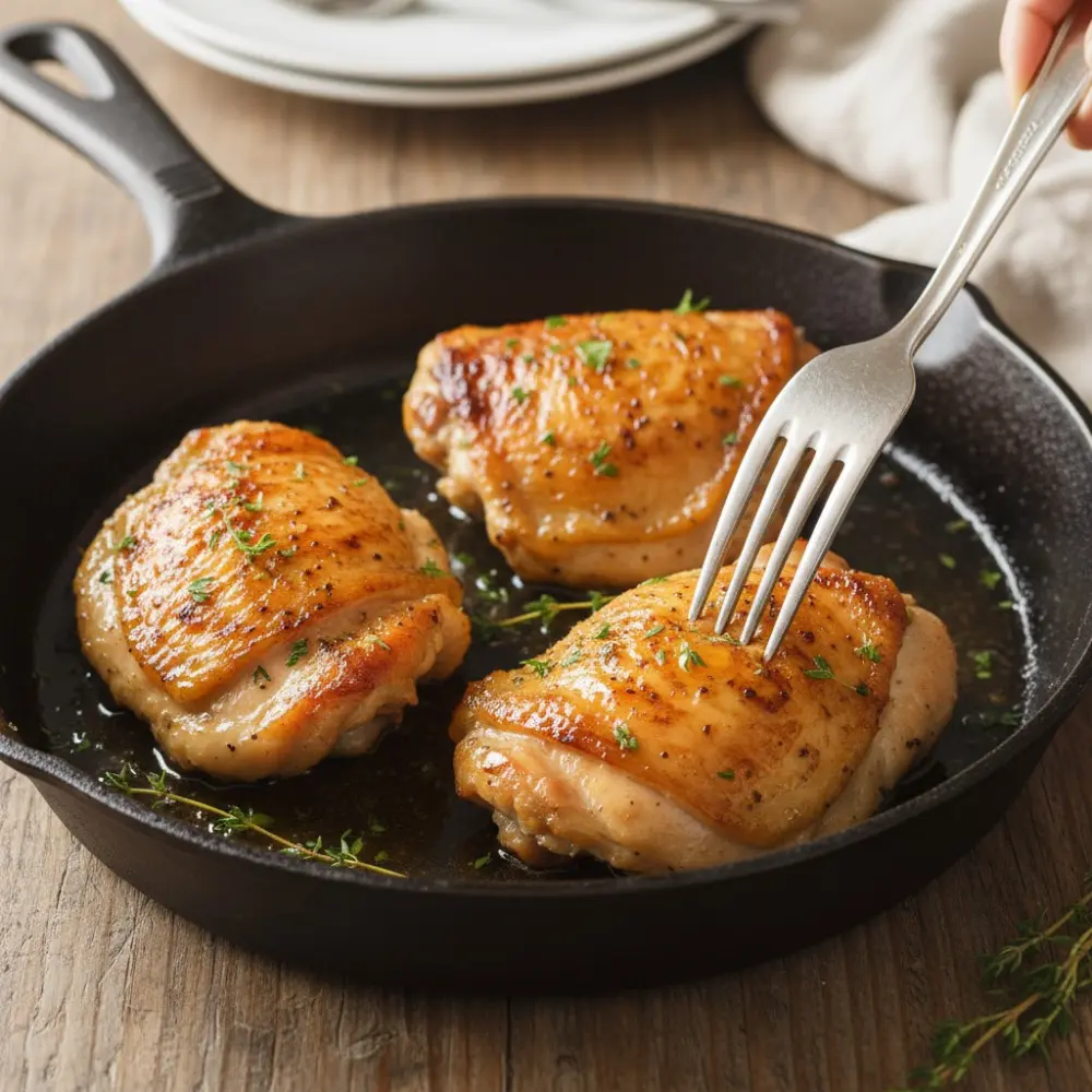 Cooked chicken thighs resting in a skillet while a fork gently checks texture, herbs sprinkled on top.