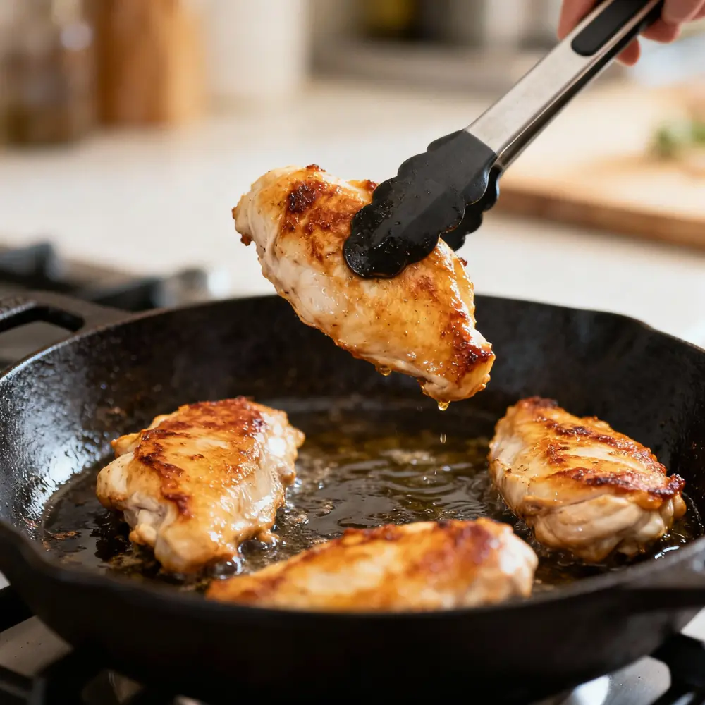Chicken breast being lifted with tongs while searing in a cast iron skillet with golden crust and sizzling oil.