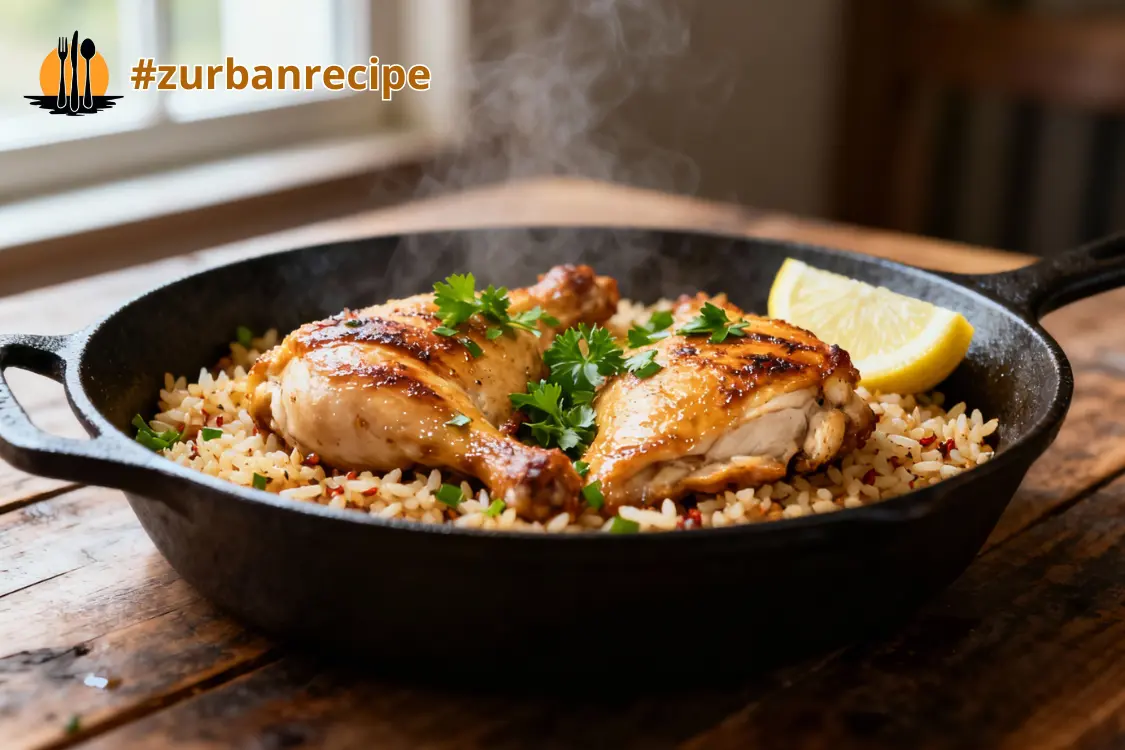 Golden seared one pan chicken in a cast iron skillet with seasoned rice, parsley, and lemon wedge on a rustic wooden table.