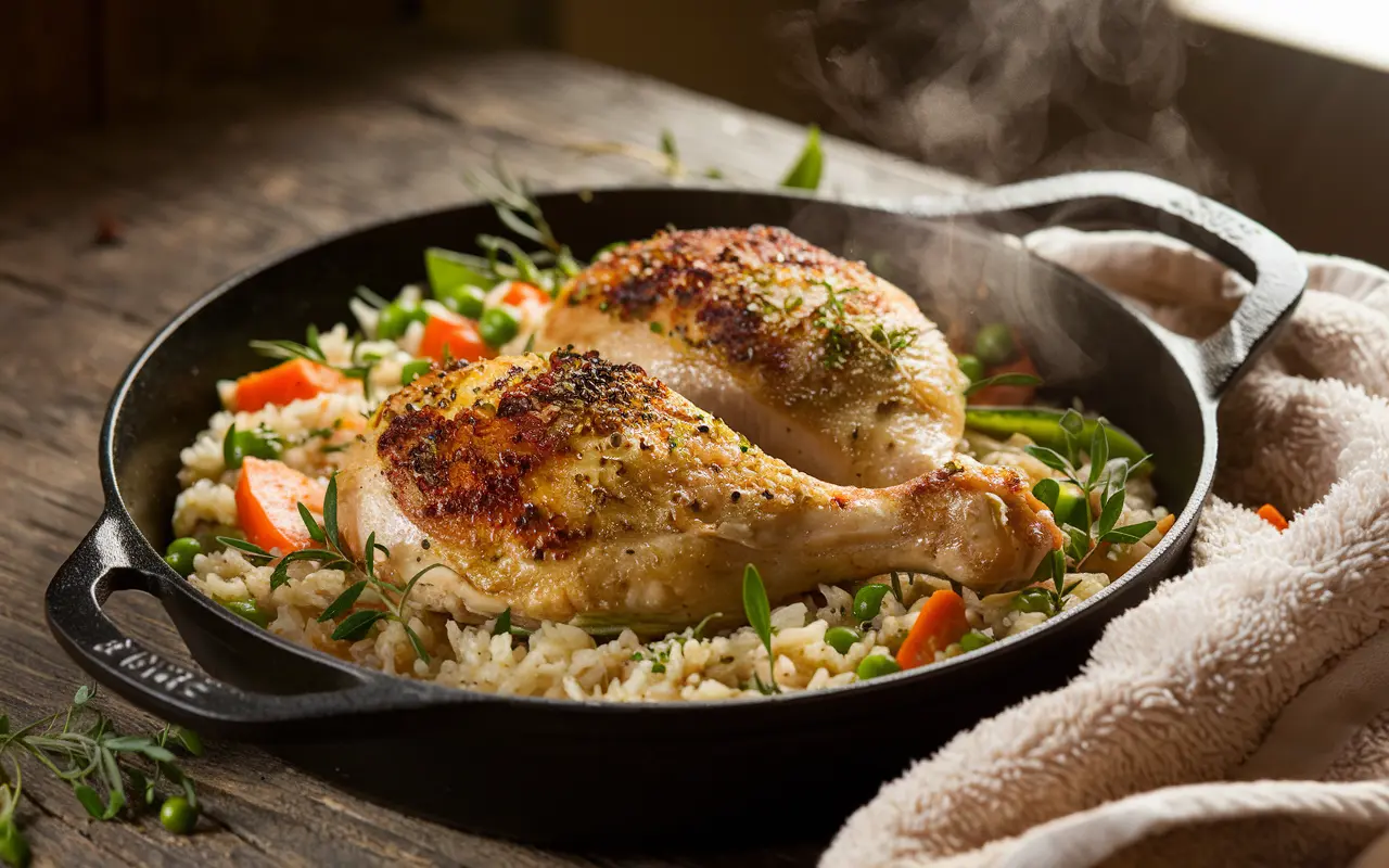 A skillet filled with golden-brown chicken and seasoned rice, garnished with fresh parsley, served on a rustic wooden table.