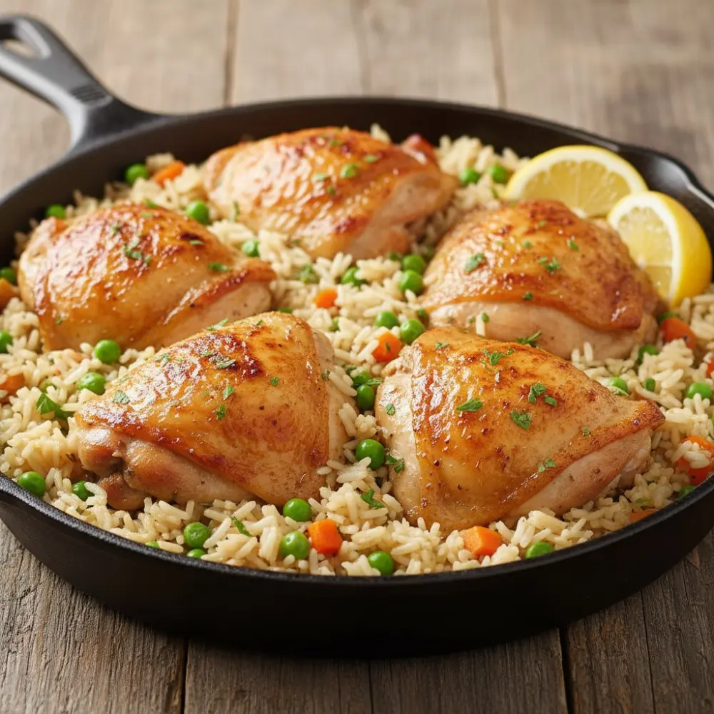 Golden seared chicken thighs in a cast iron skillet with rice, peas, carrots, and lemon slices on a rustic wooden table.