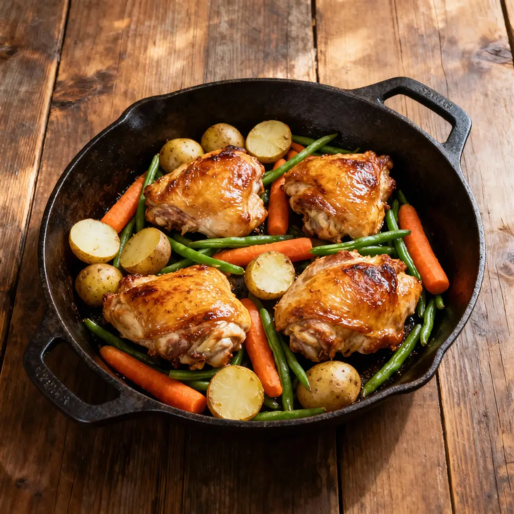 Golden roasted chicken thighs in a cast iron skillet with baby potatoes, carrots, and green beans on a rustic wooden table.