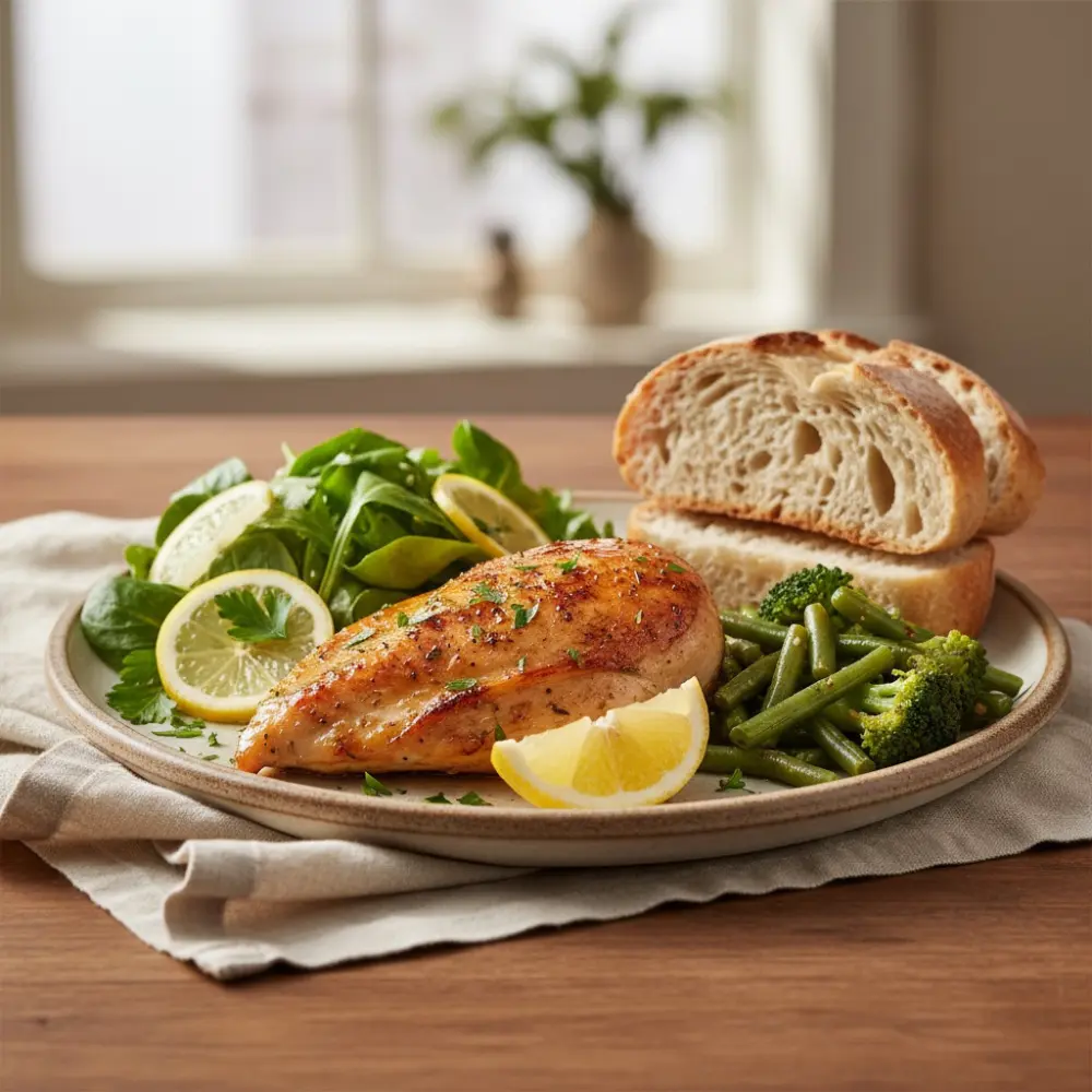 One pan chicken breast served on a plate with lemon slices, fresh greens, and vegetables.