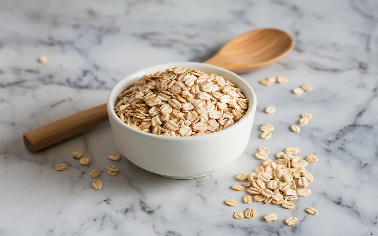 Bowl of Rolled Oats on Marble Surface