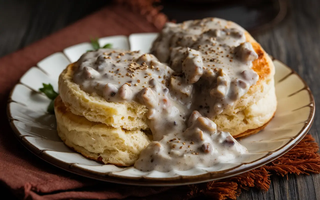Southern Biscuits and Gravy served with creamy sausage gravy on a white plate.