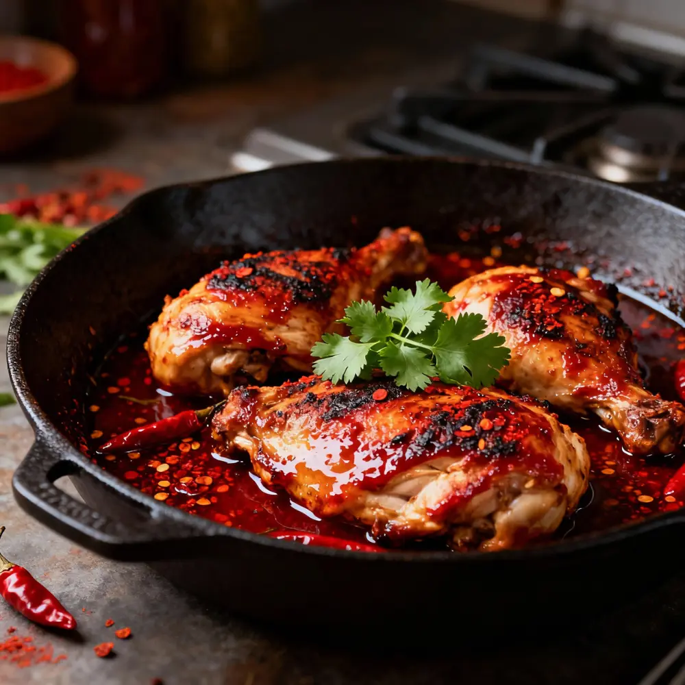 Spicy chicken simmering in a red chili sauce in a cast iron skillet, garnished with cilantro.