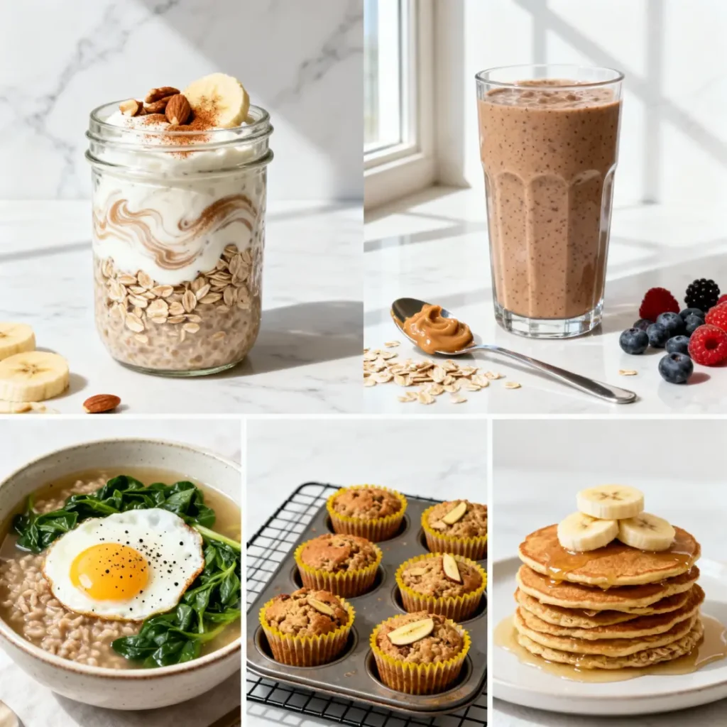 Five panel collage showing overnight oats, a berry peanut butter oat smoothie, a savory oat bowl with egg and spinach, baked oat cups, and oat banana pancakes, simple ways to enjoy the Benefits of Oats.