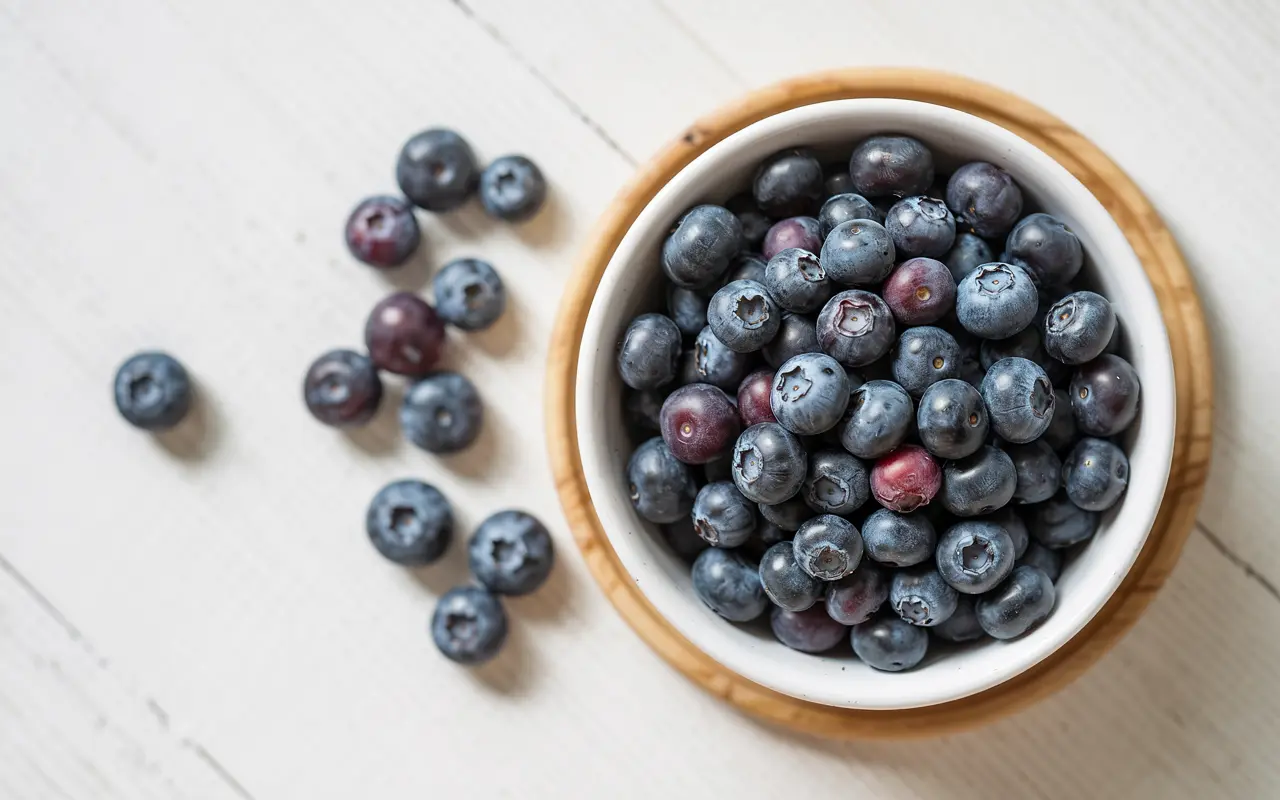 A white bowl filled with fresh blueberries, perfect for showcasing the Benefits of Blueberries.