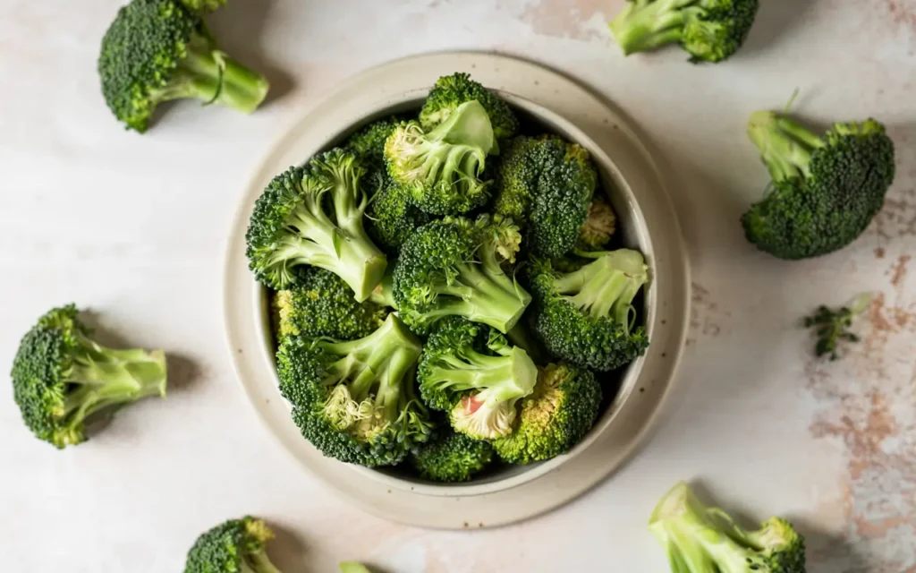 Broccoli Benefits, fresh broccoli florets in a bowl on a light surface with crisp green texture