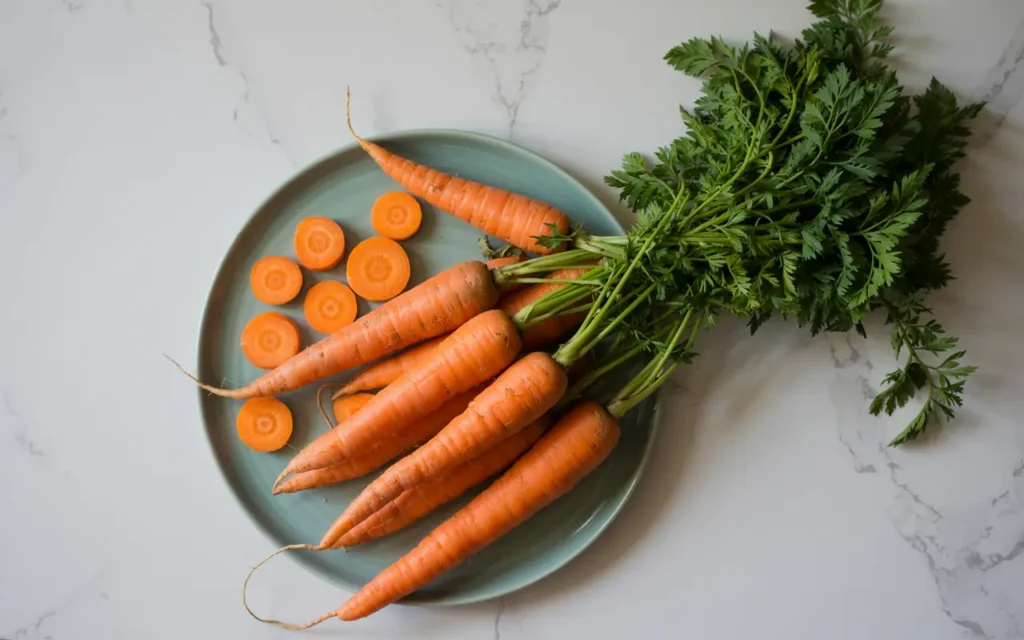 Benefits of carrots shown with fresh whole carrots and sliced rounds on a plate, leafy tops, clean marble background