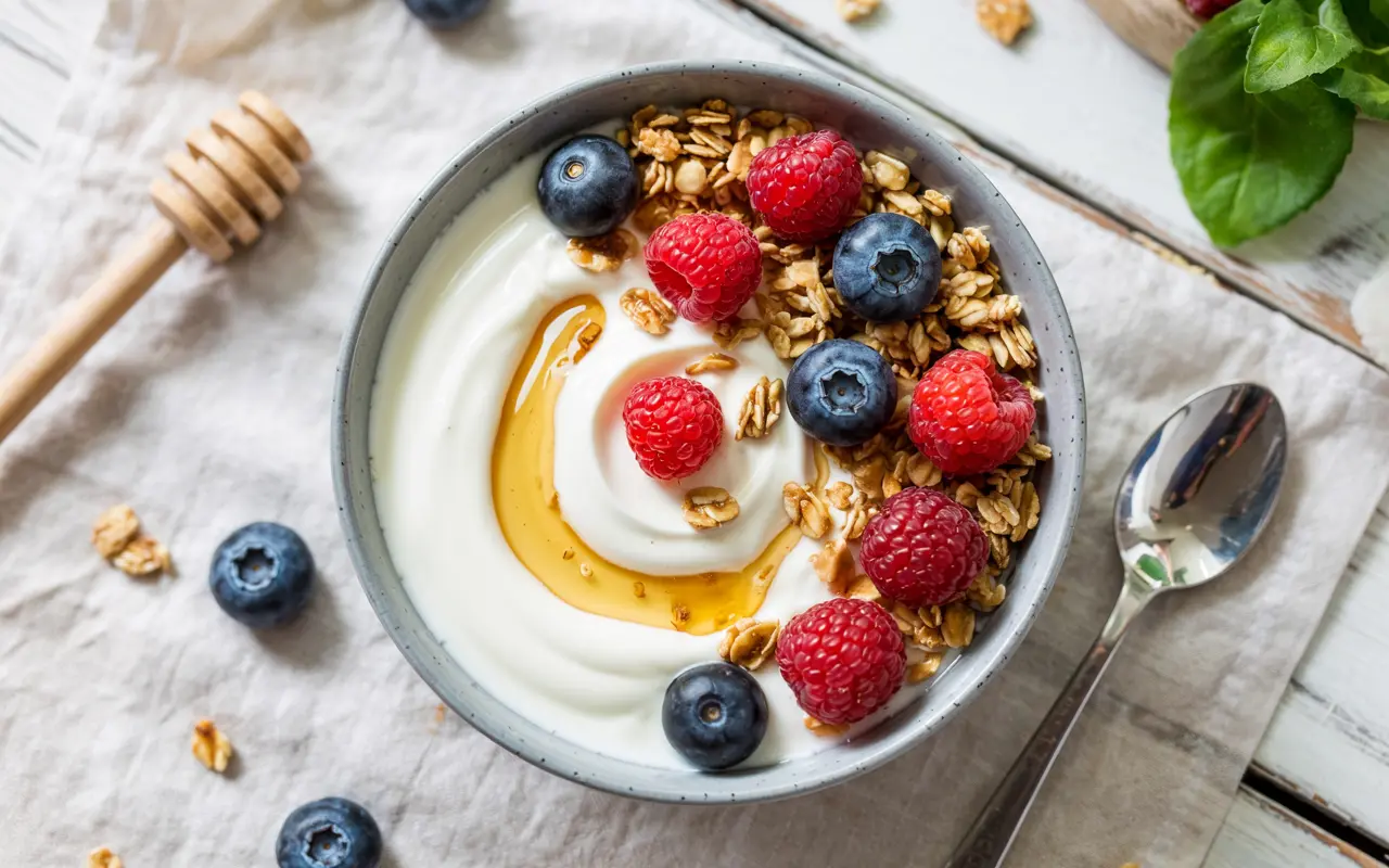 Benefits of Yogurt bowl with Greek yogurt, fresh berries, honey drizzle, and granola, top view breakfast scene