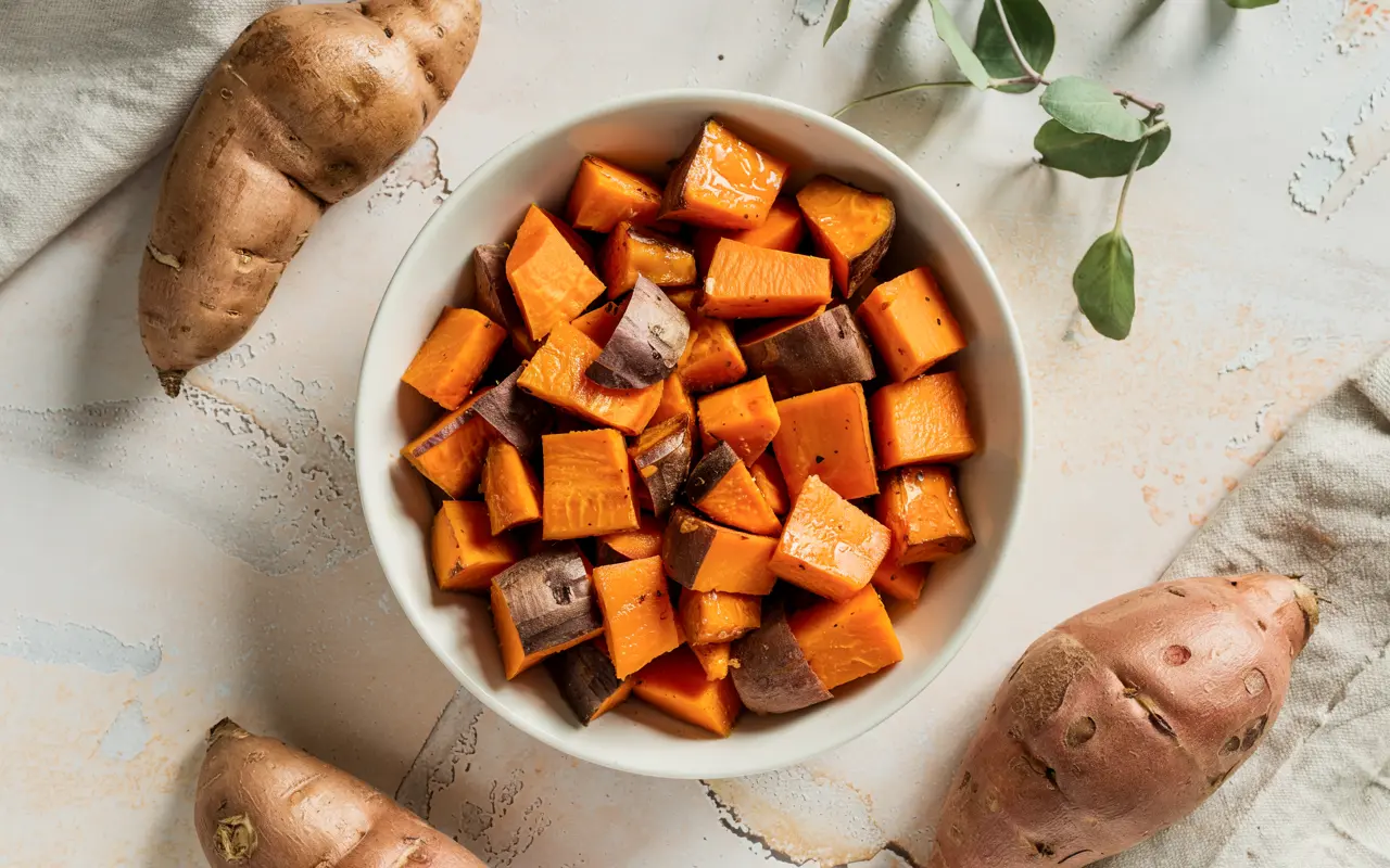 Sweet Potatoes Benefits, bowl of roasted sweet potato cubes, top view
