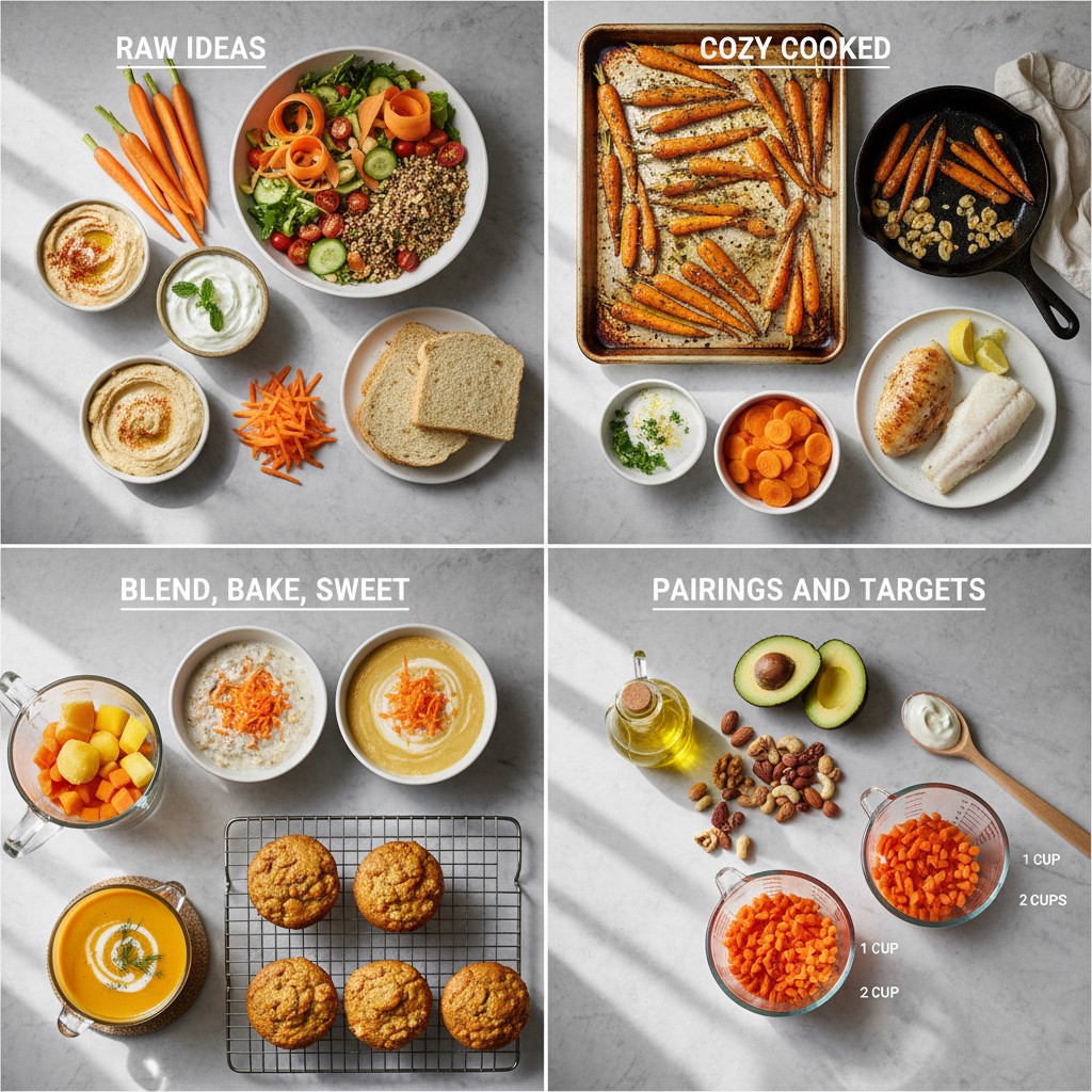 4-panel image showing Benefits of carrots, raw snacks, cooked sides, blends, and pairings