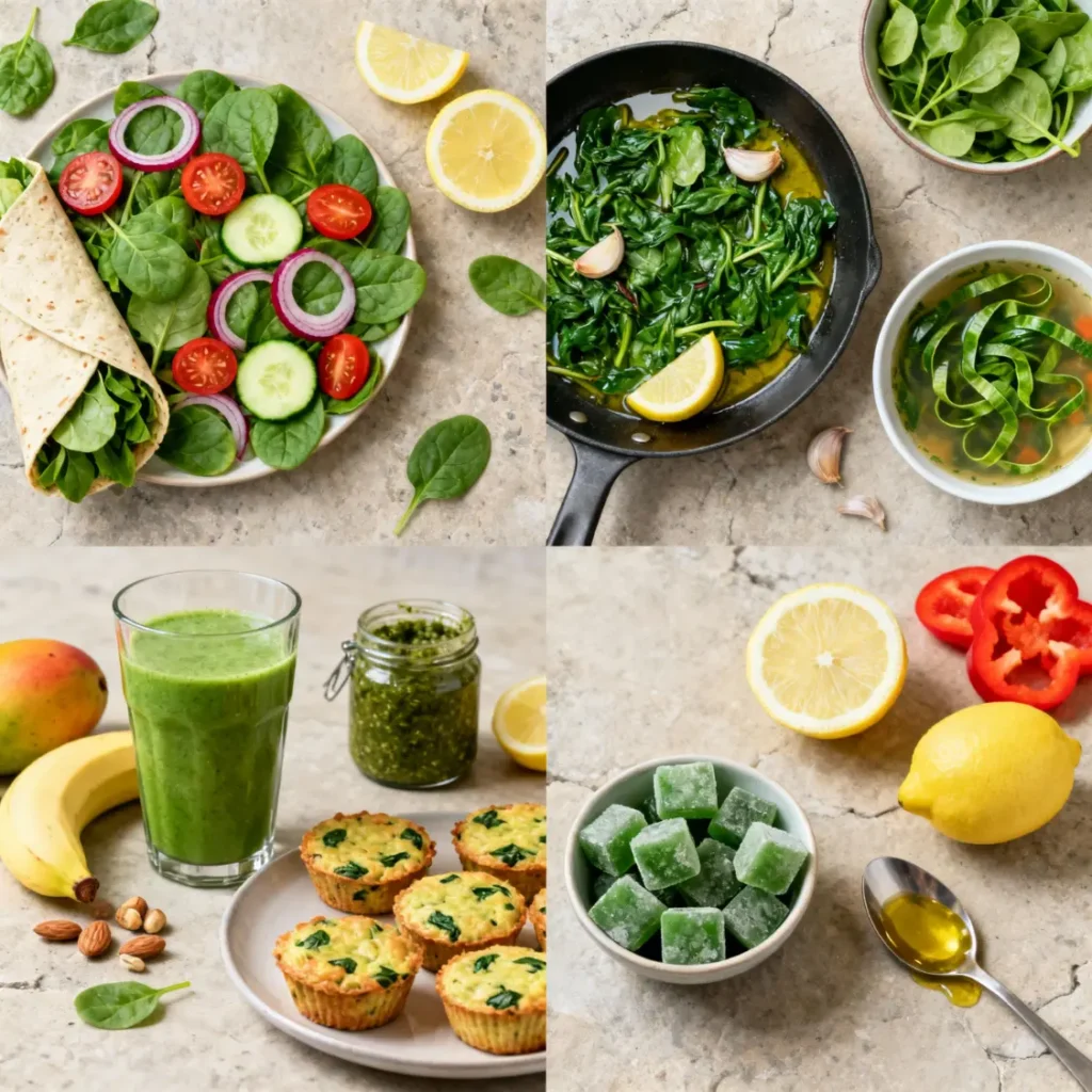 Benefits of spinach shown in a four panel collage, fresh salad wrap, sautéed spinach with garlic, green smoothie and pesto, plus frozen spinach cubes with lemon and oil.