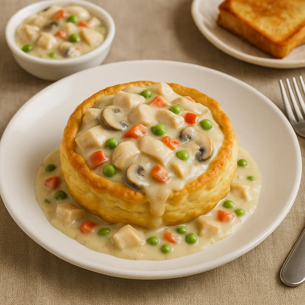 Chicken à la King served in a golden puff pastry shell with creamy sauce, peas, mushrooms, and carrots.