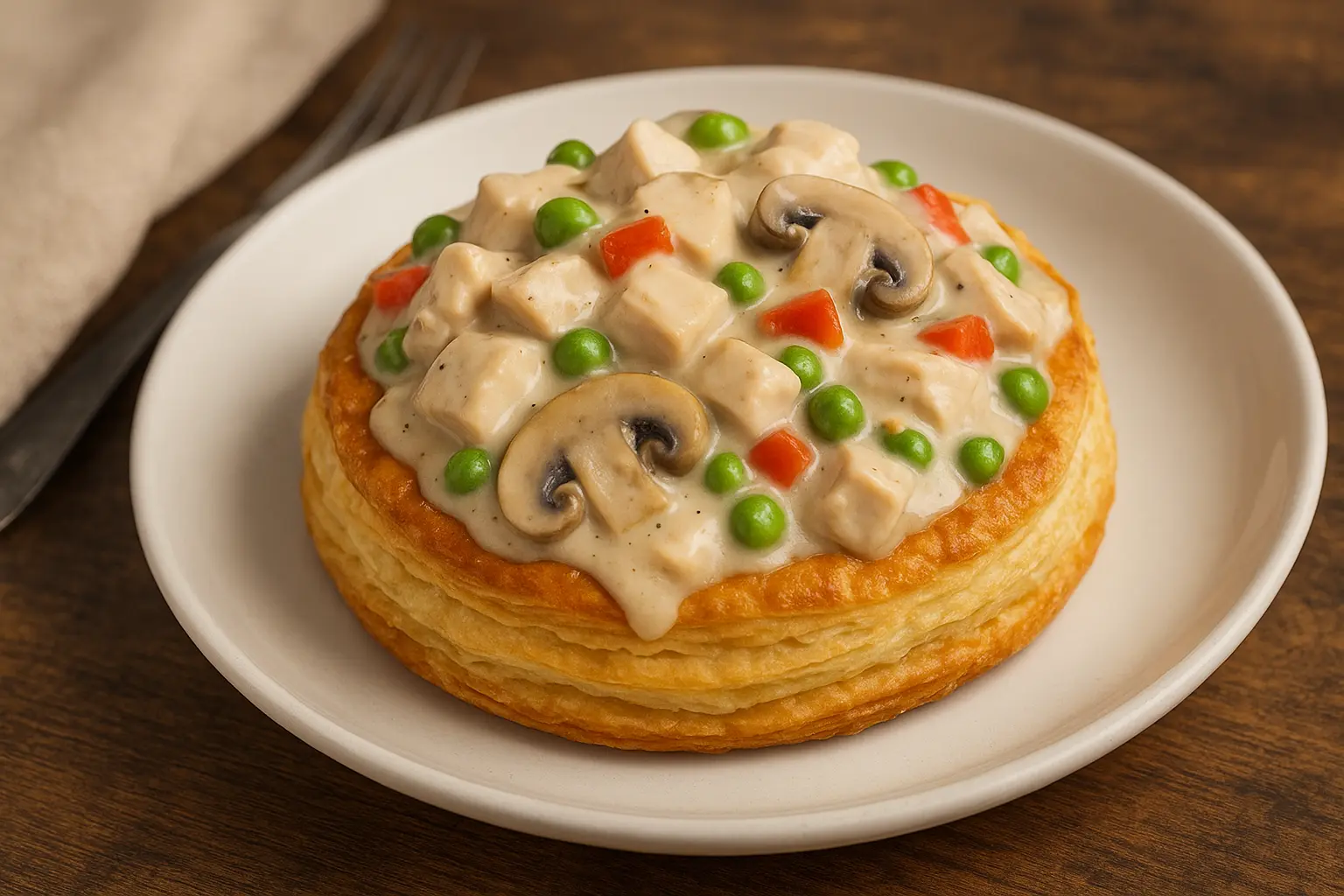 Close-up of Chicken à la King topped with peas, red peppers, and mushrooms on puff pastry