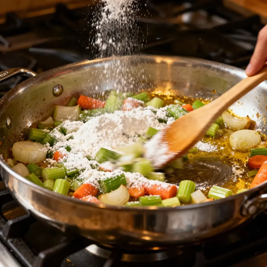 Chicken à la king step 2: flour sprinkled over sautéed celery, carrots, and onions in a skillet while stirring to form a roux.