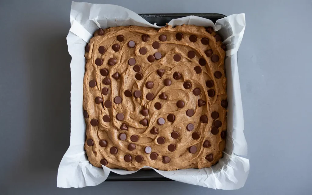 Chocolate chip cookie dough in pan before baking