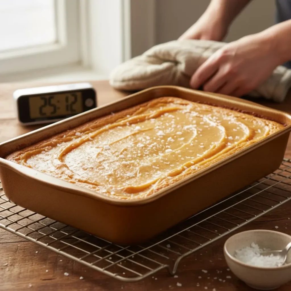 freshly baked chocolate chip cookie bars in a pan on a cooling rack with sea salt flakes