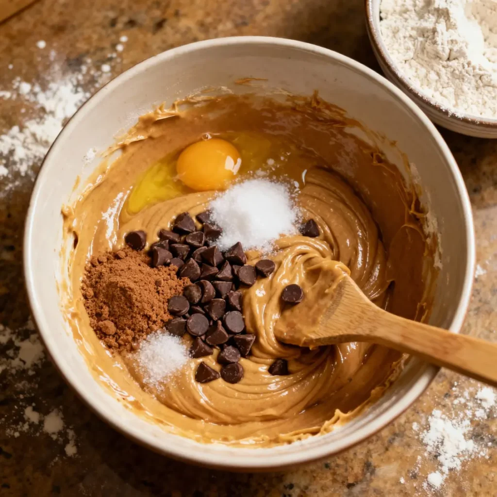 mixing bowl with cookie batter, egg, chocolate chips, and sugars for chocolate chip cookie bars