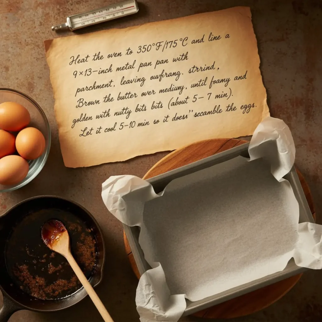 parchment-lined 9x13 pan with browned butter and eggs arranged for chocolate chip cookie bars