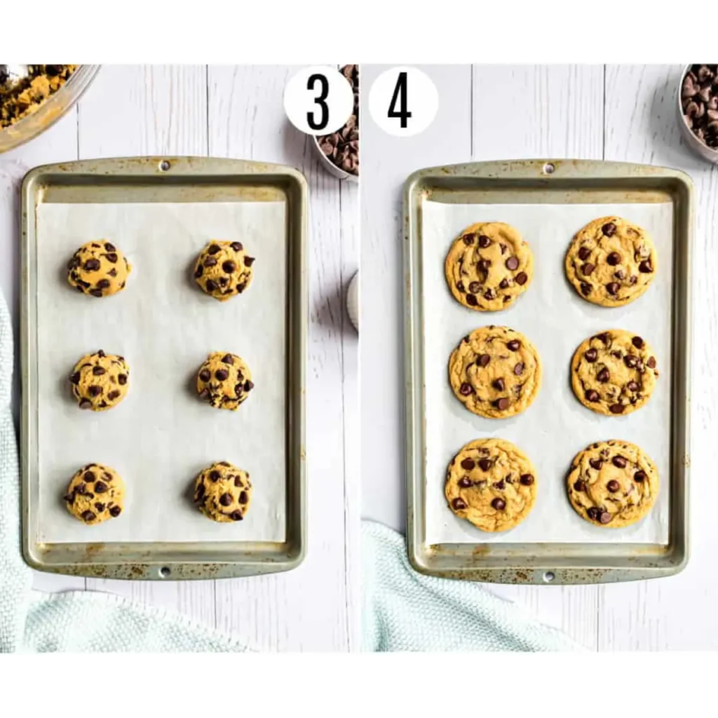 Step-by-step preparation of chewy chocolate chip cookies: dough scooped onto baking tray and cookies baked until golden brown