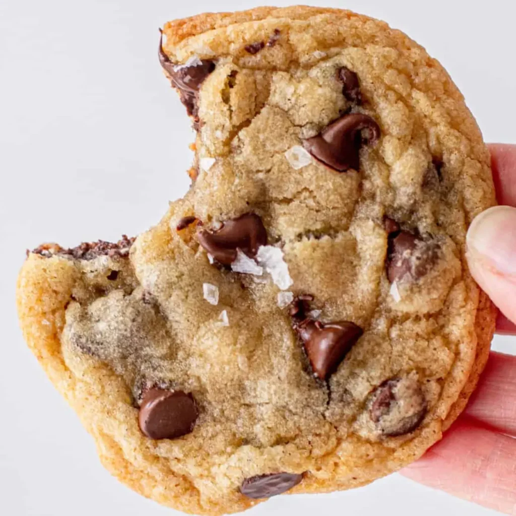 Close-up of a chewy chocolate chip cookie with crispy edges, gooey center, and sea salt flakes