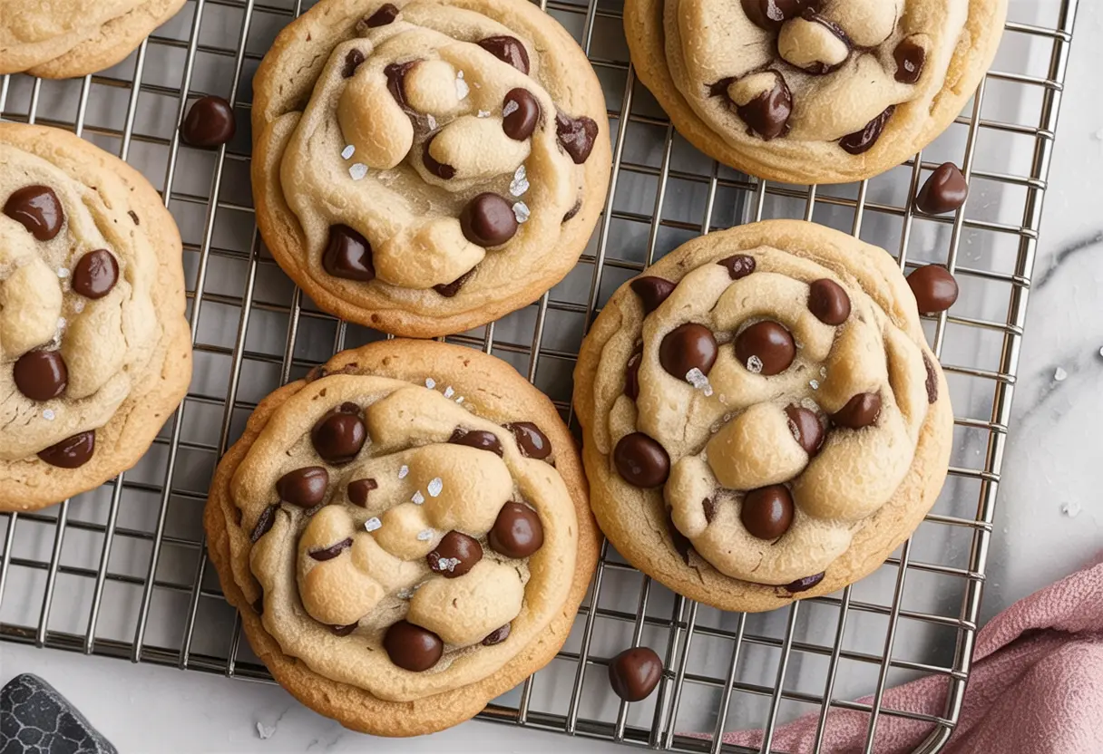 Chewy chocolate chip cookies cooling on a wire rack with crispy edges and gooey centers