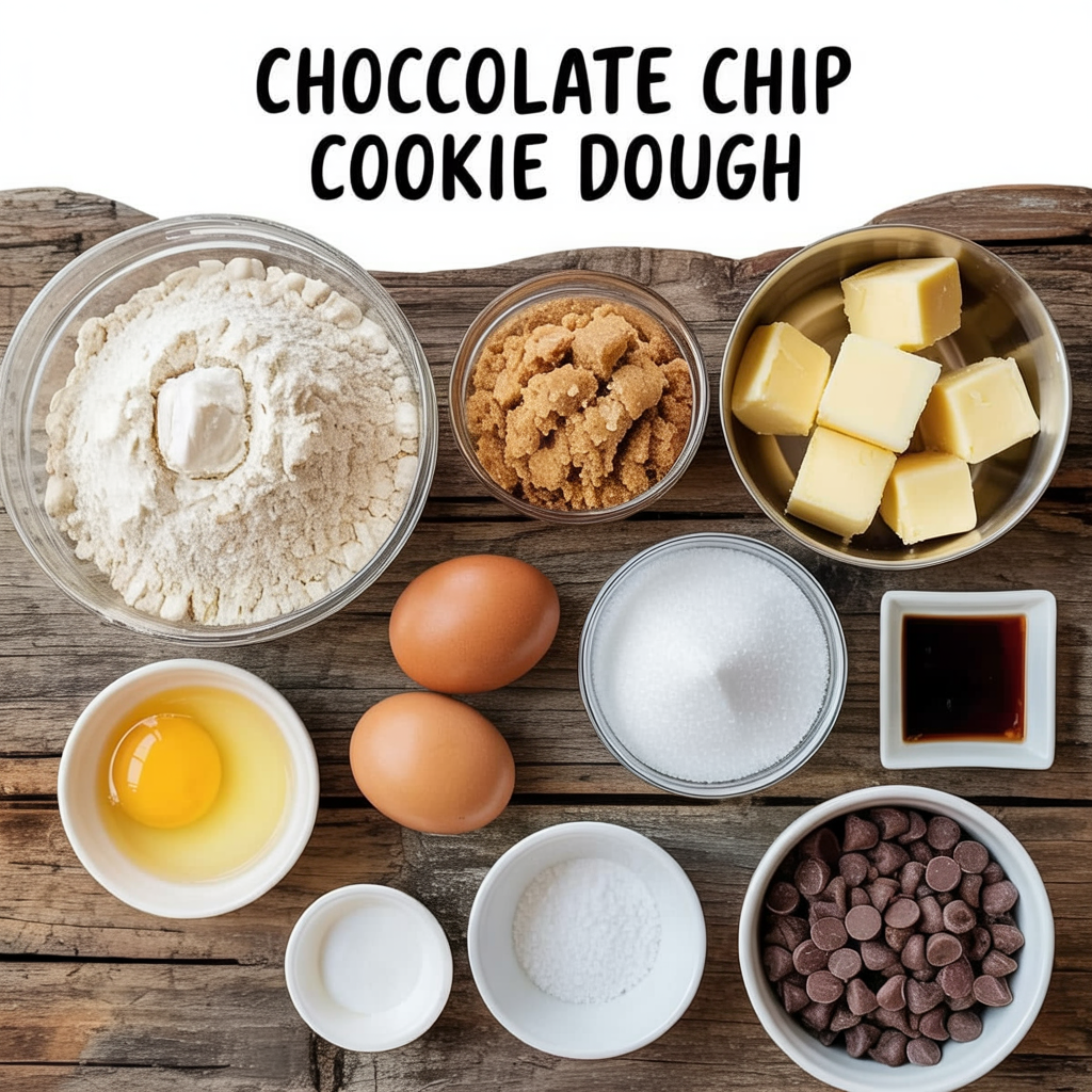 Overhead shot of cookie dough ingredients including flour, brown sugar, granulated sugar, butter, eggs, salt, and semisweet chocolate chips