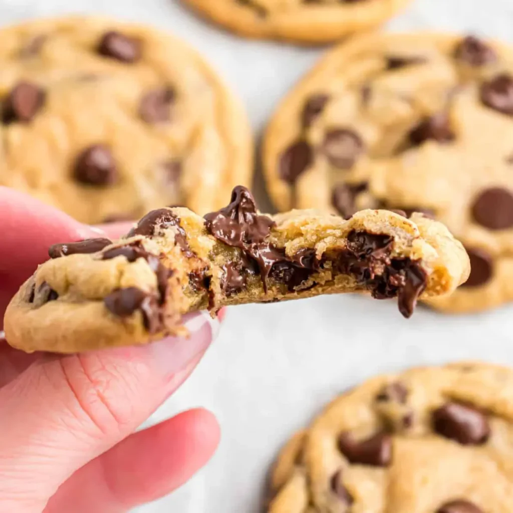 Hand breaking a chewy chocolate chip cookie in half, showing gooey melted chocolate chips inside