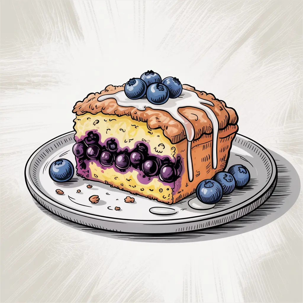 Hand-drawn sketch of a lemon blueberry cake slice with blueberries on a plate.