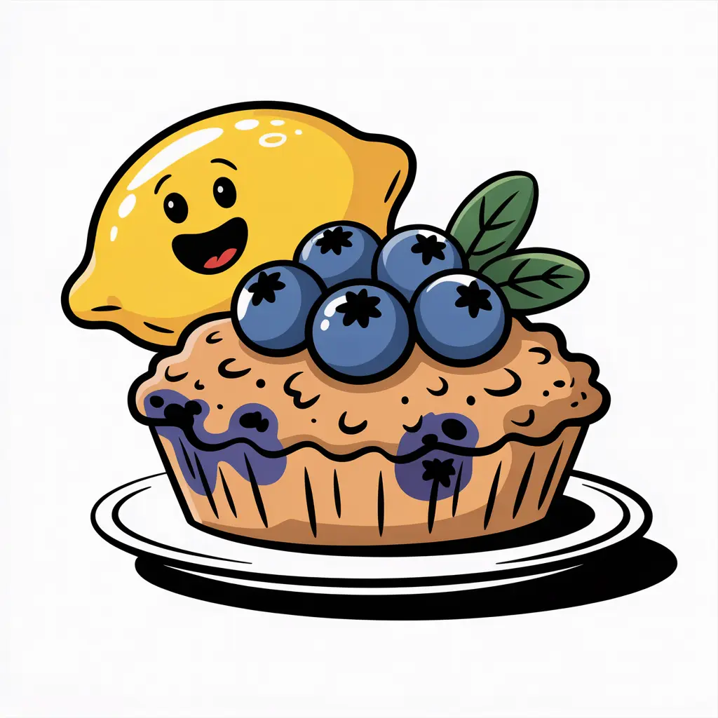 Fun sketch of a lemon blueberry dessert with smiling lemon and blueberries.