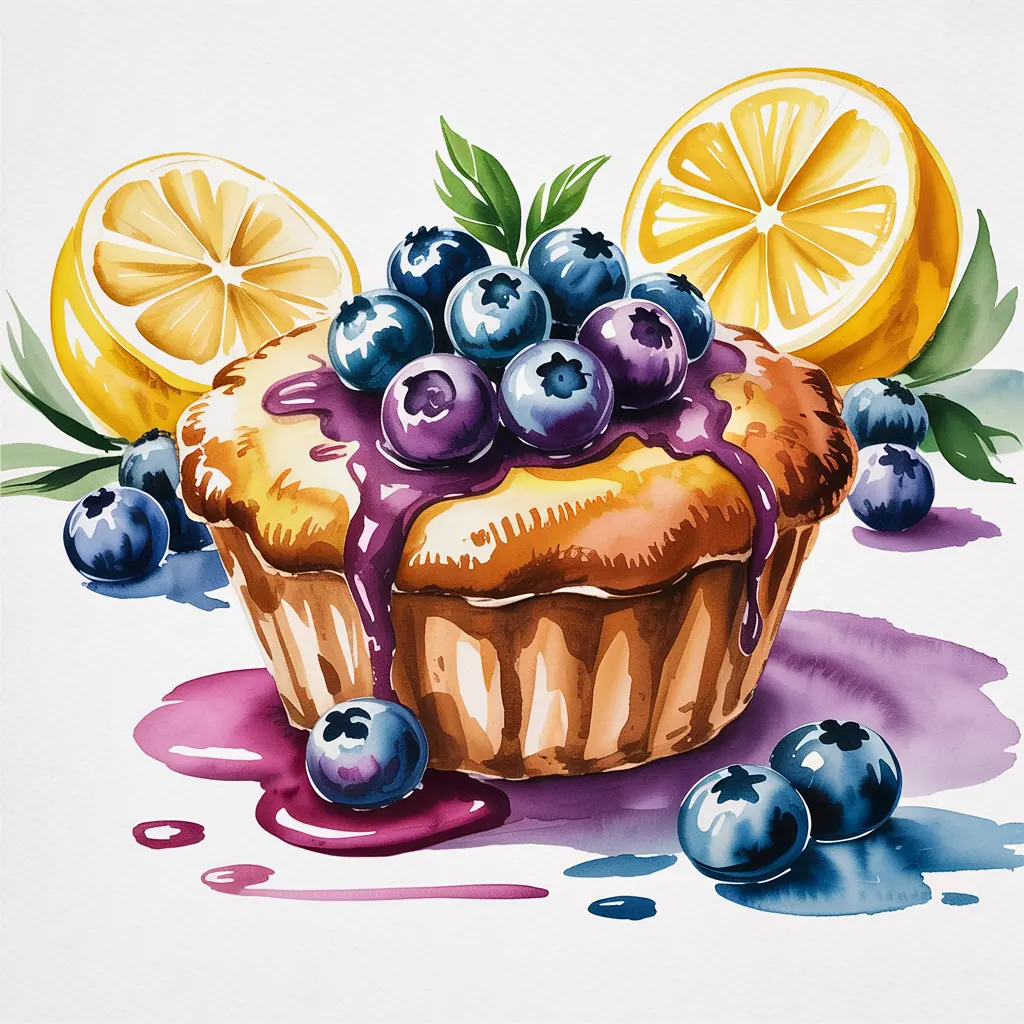Hand-painted watercolor illustration of a lemon blueberry dessert with fresh berries and citrus slices