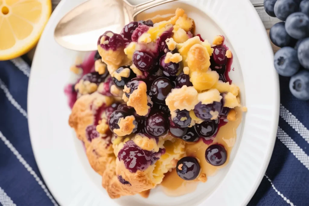 Close-up of a lemon blueberry dump cake served on a white plate with a golden spoon, showing juicy blueberries and buttery crumble topping.