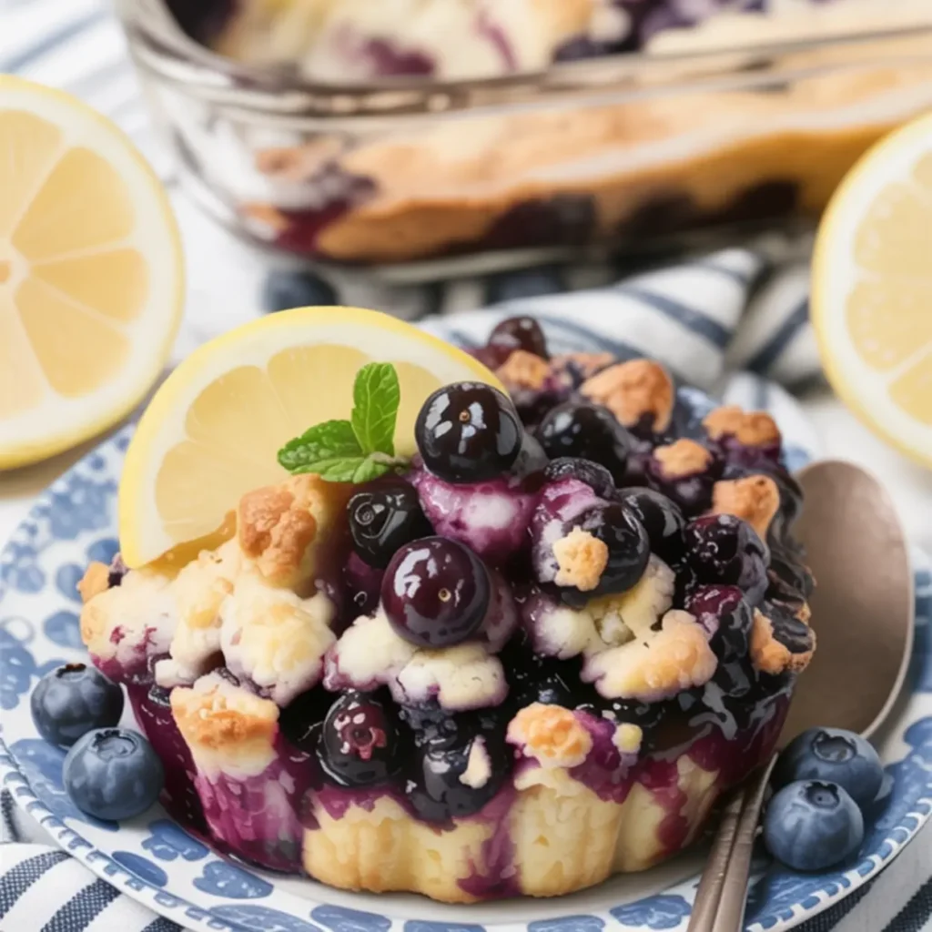 Lemon blueberry dump cake crumble topped with fresh blueberries and a lemon slice