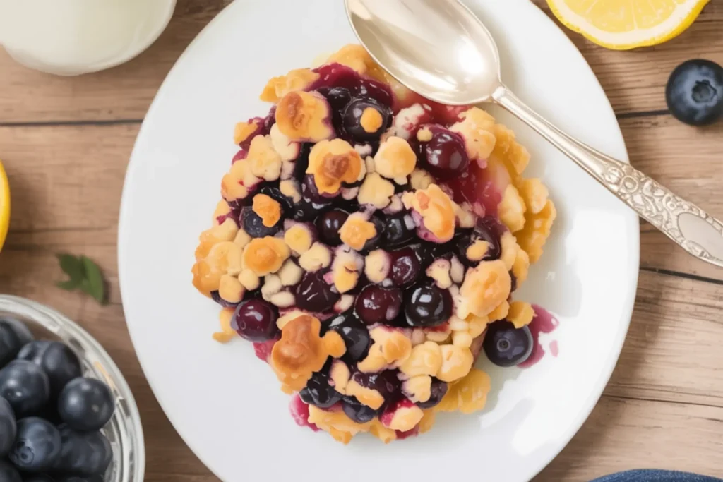 A golden crusted lemon blueberry dump cake served on a white plate with fresh blueberries and a spoon.