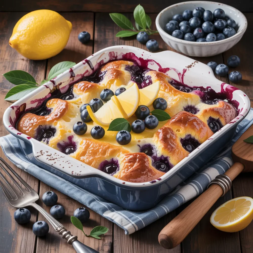 Freshly baked lemon blueberry dump cake in a white dish with lemon slices and blueberries on top.