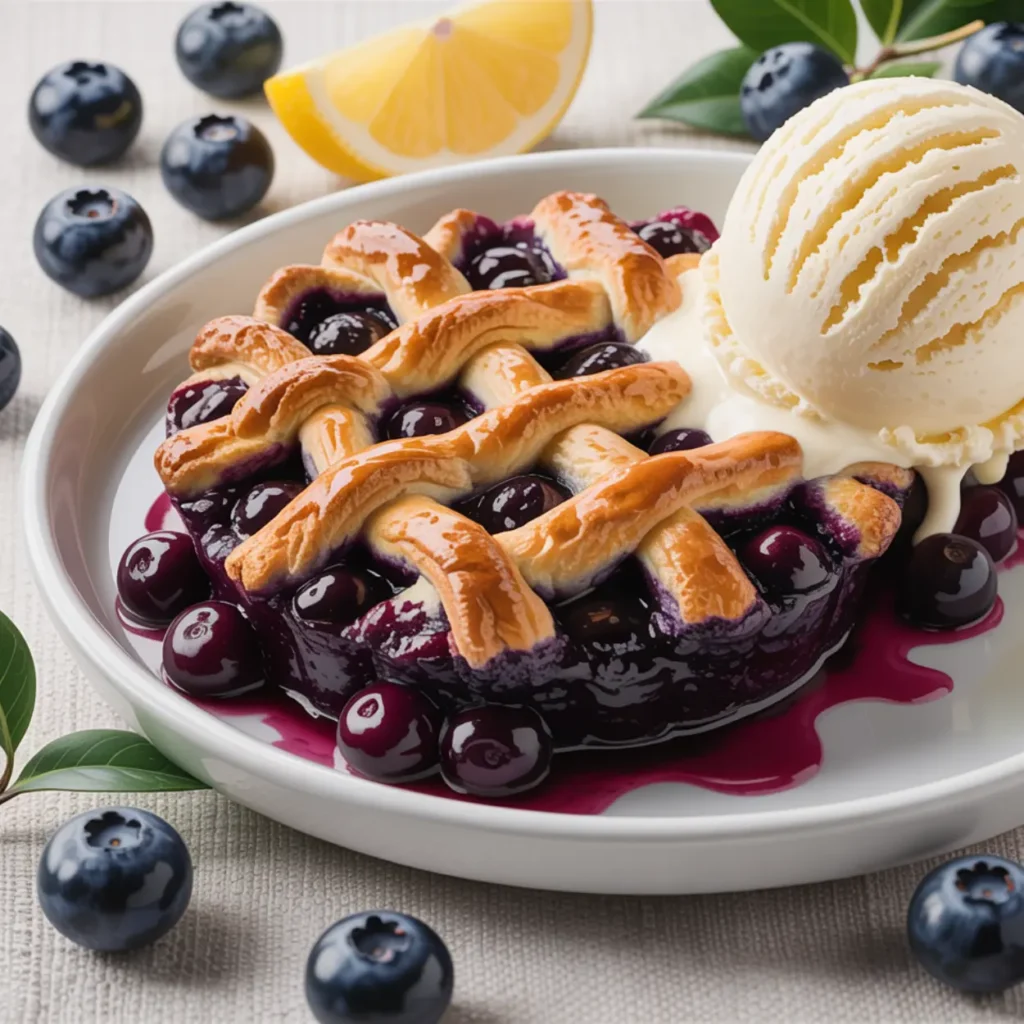 Close-up of lemon blueberry dump cake tart topped with vanilla ice cream and fresh blueberries