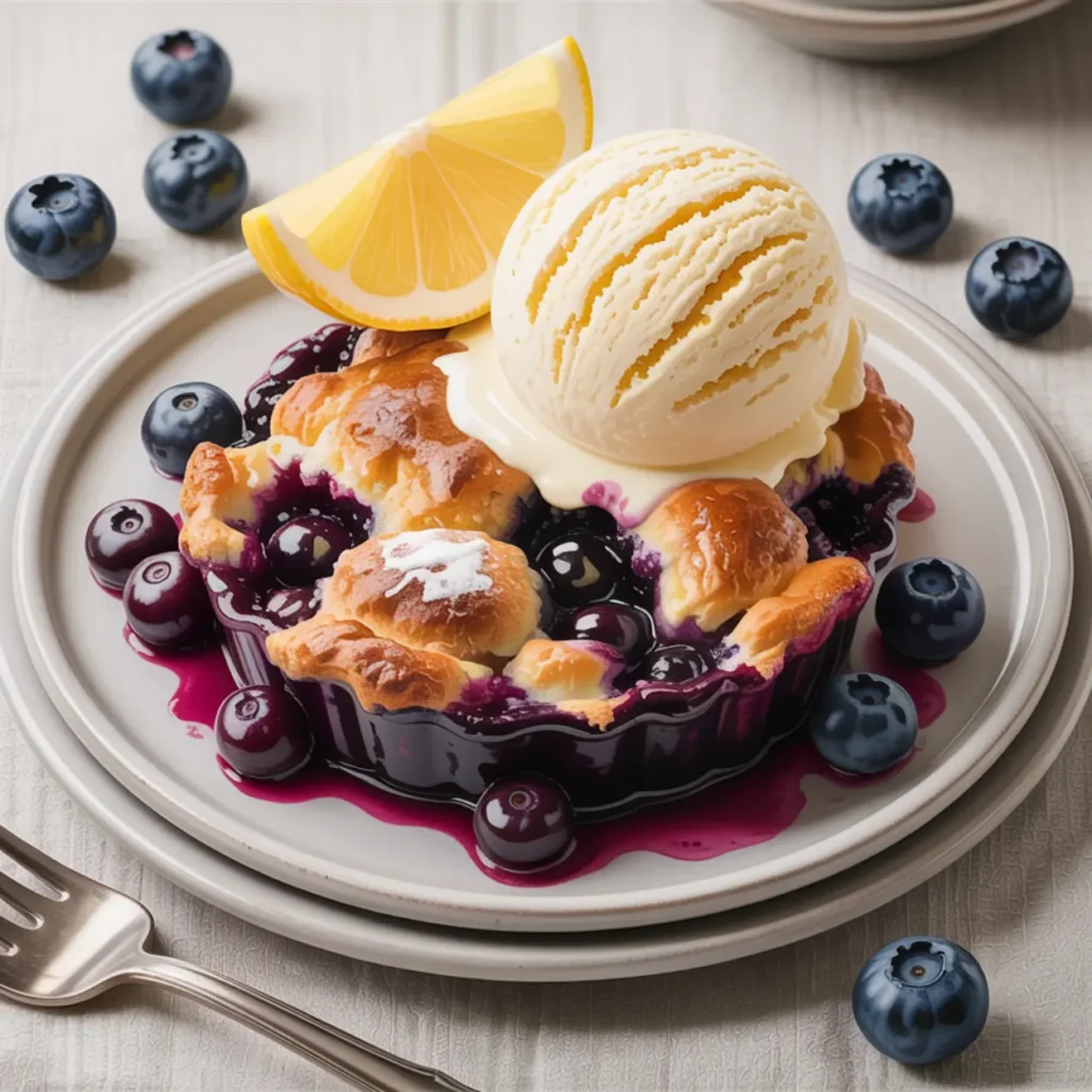 A slice of lemon blueberry dump cake topped with vanilla ice cream and lemon wedge.