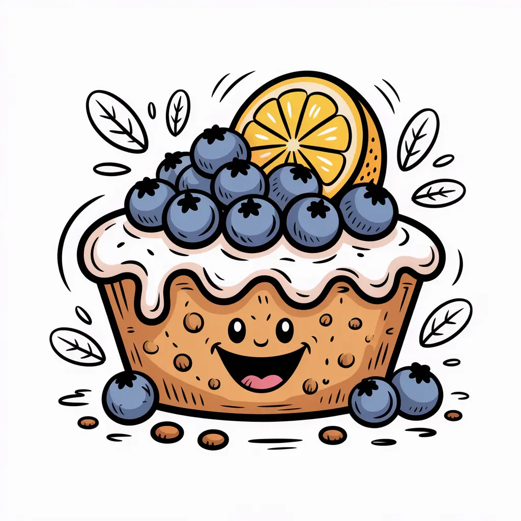 Cartoon-style lemon blueberry cake sketch with smiling face and fresh blueberries.
