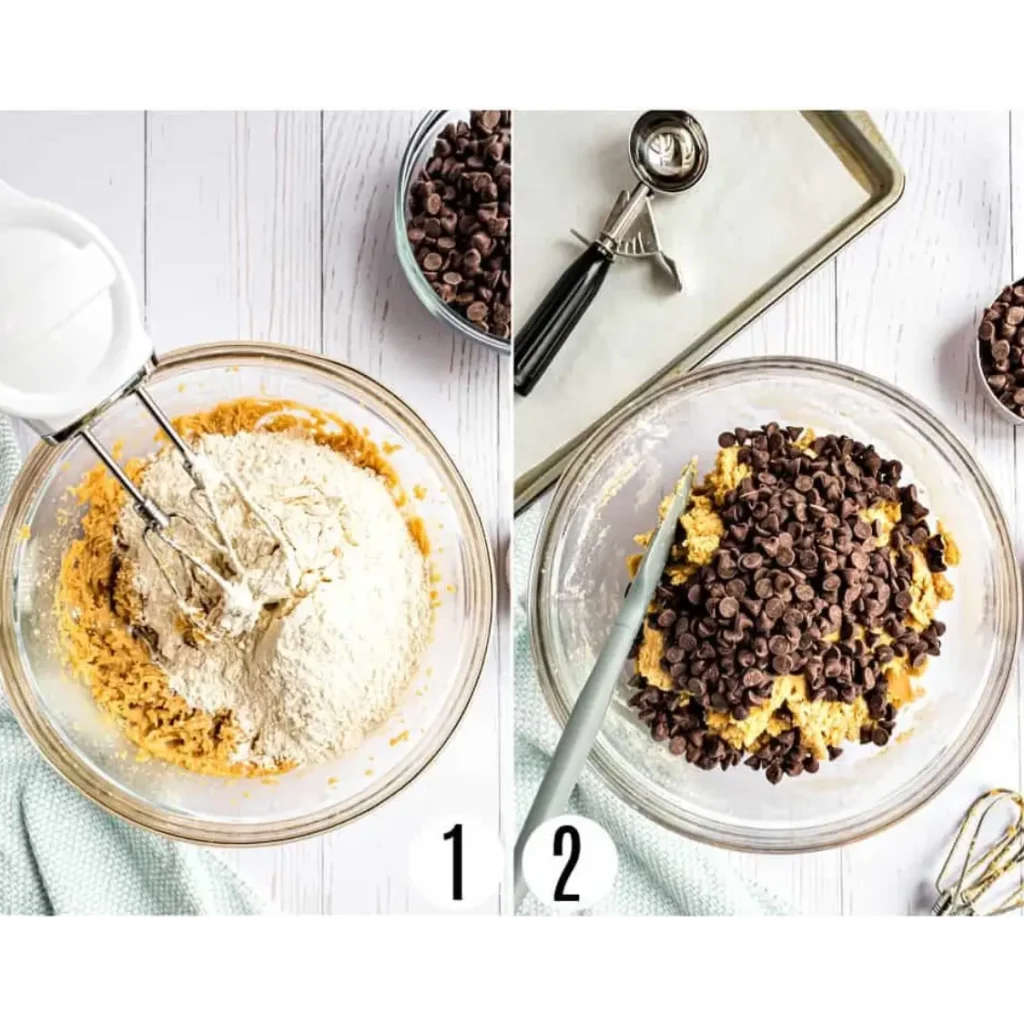 Step-by-step preparation of chewy chocolate chip cookies: mixing flour, sugar, and butter, then adding semisweet chocolate chips